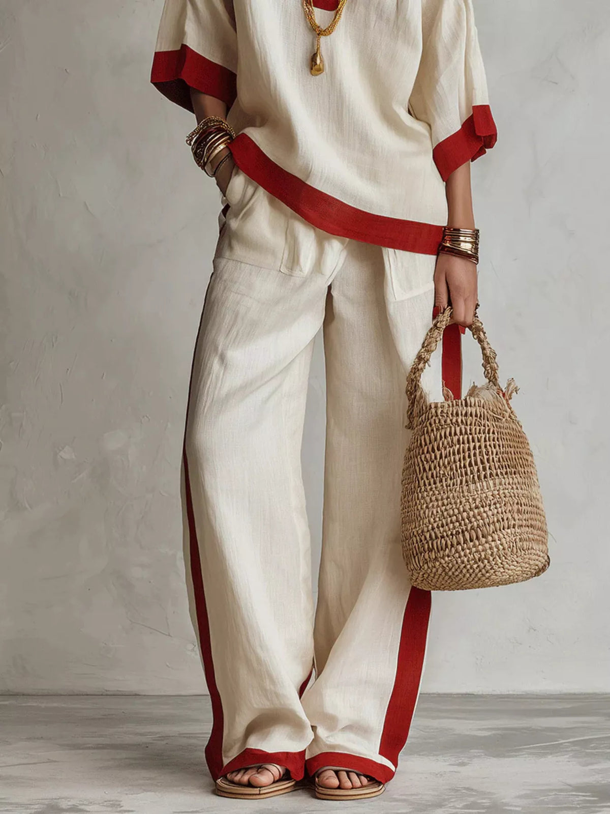 Contrast-Trim Top and Wide-Leg Pants Set