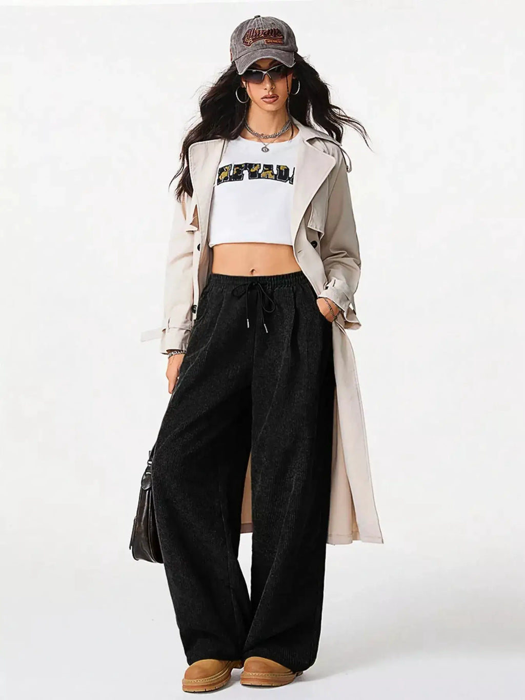 Casual Corduroy Wide Leg Pants, black with drawstring waist and pockets