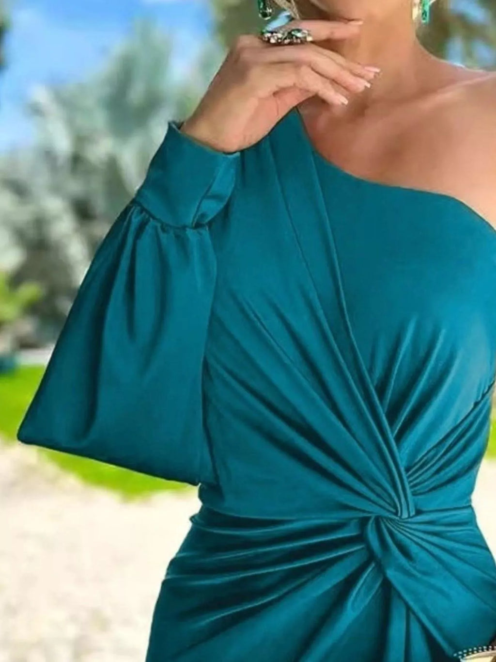 Plus-size teal one-shoulder knot-detail maxi dress with waist knot