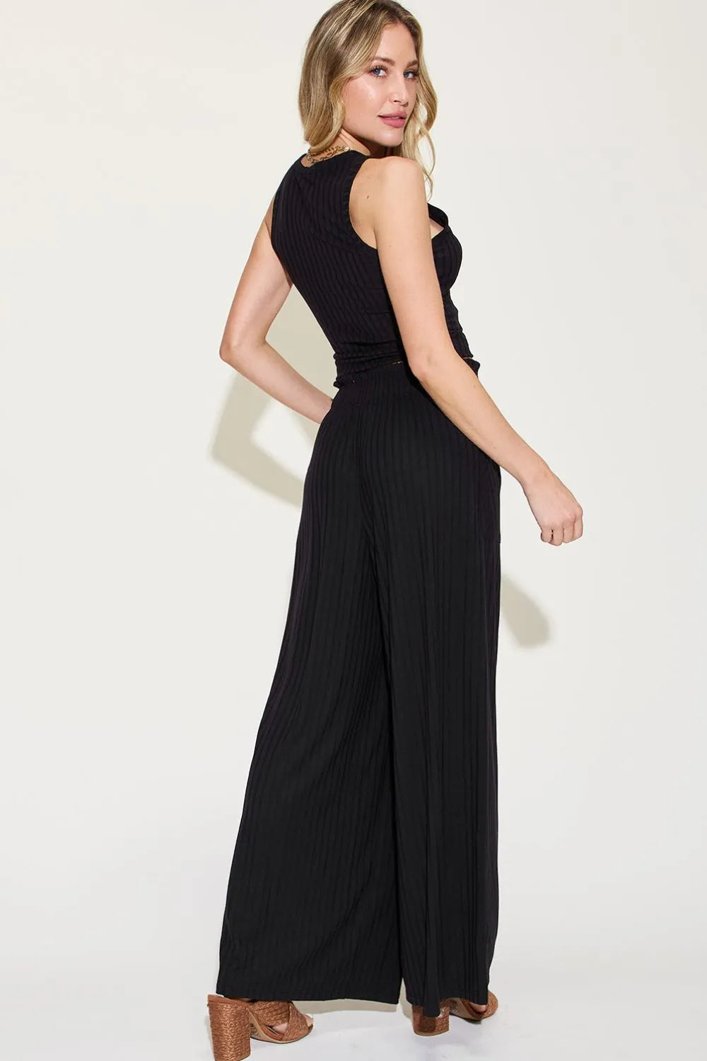 Outfit set: Basic Bae ribbed tank and wide-leg pants set in black by Belle Bijouix.