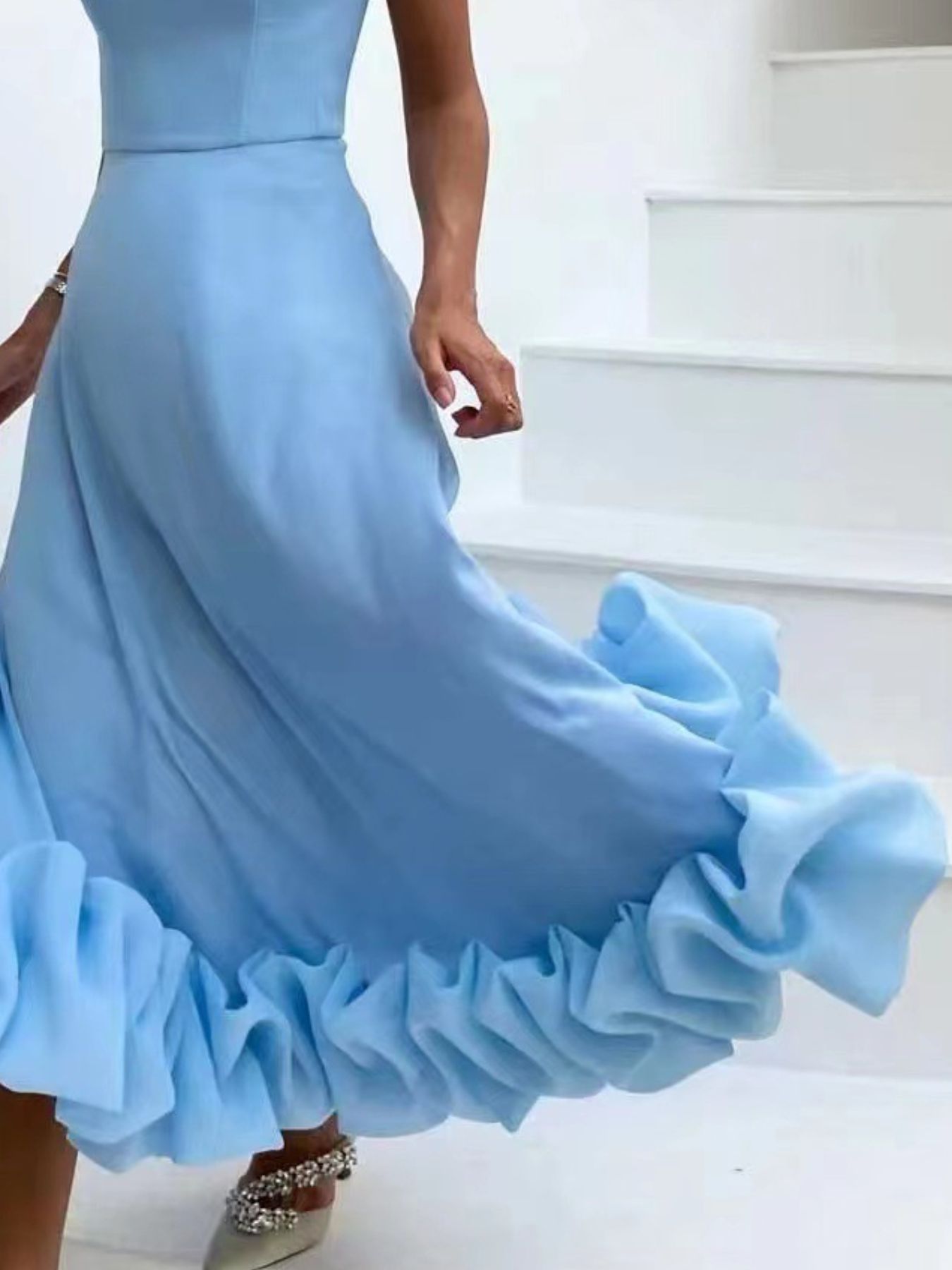 Ruffle Hem Scoop Neck Midi Dress by Trendsi in light blue, featuring a voluminous ruffle hem.
