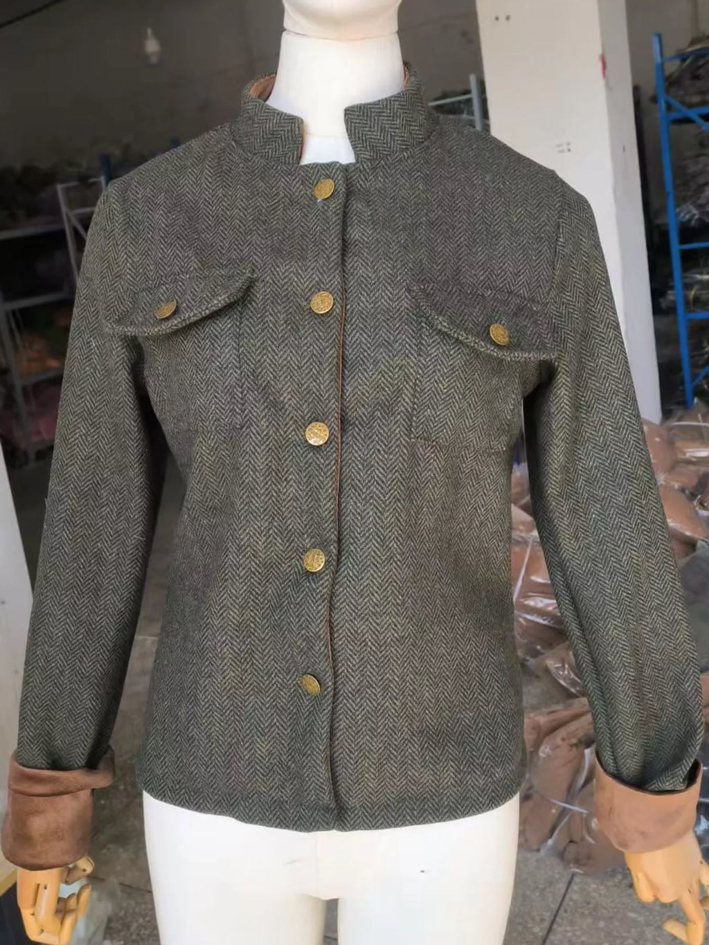 Herringbone Tweed Blazer with Velvet Cuffs in Army Green by Belle Bijouix – view 7 of 10