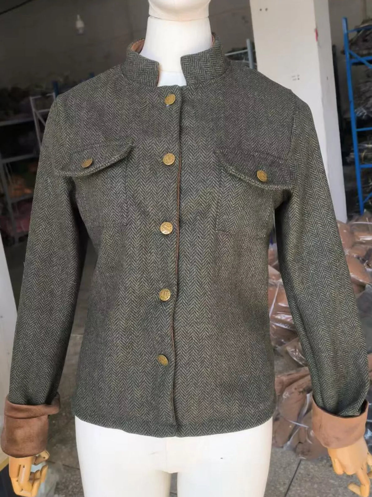 Herringbone Tweed Blazer with Velvet Cuffs in Army Green by Belle Bijouix – view 7 of 10