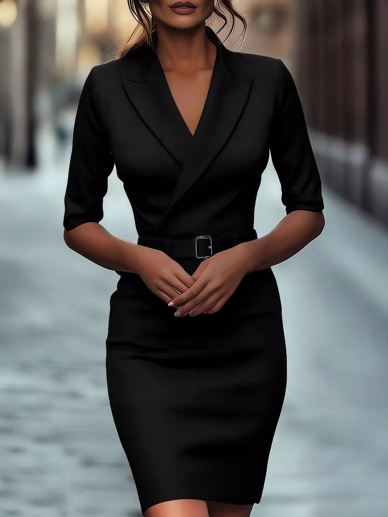 Surplice belted black dress with half sleeves worn by a model