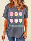 PICKLEBALLER Playful Bats T-shirt, heather gray, featuring 6 colorful paddle graphics.