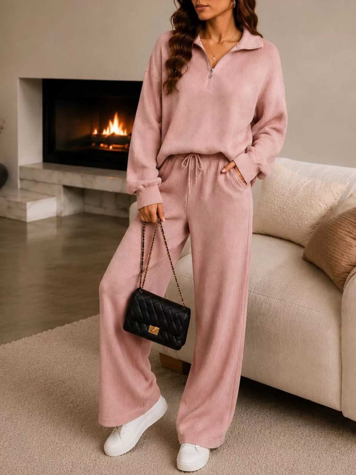 Ribbed Knit Quarter-Zip & Wide-Leg Pants Set by Belle Bijouix – view 7 of 16