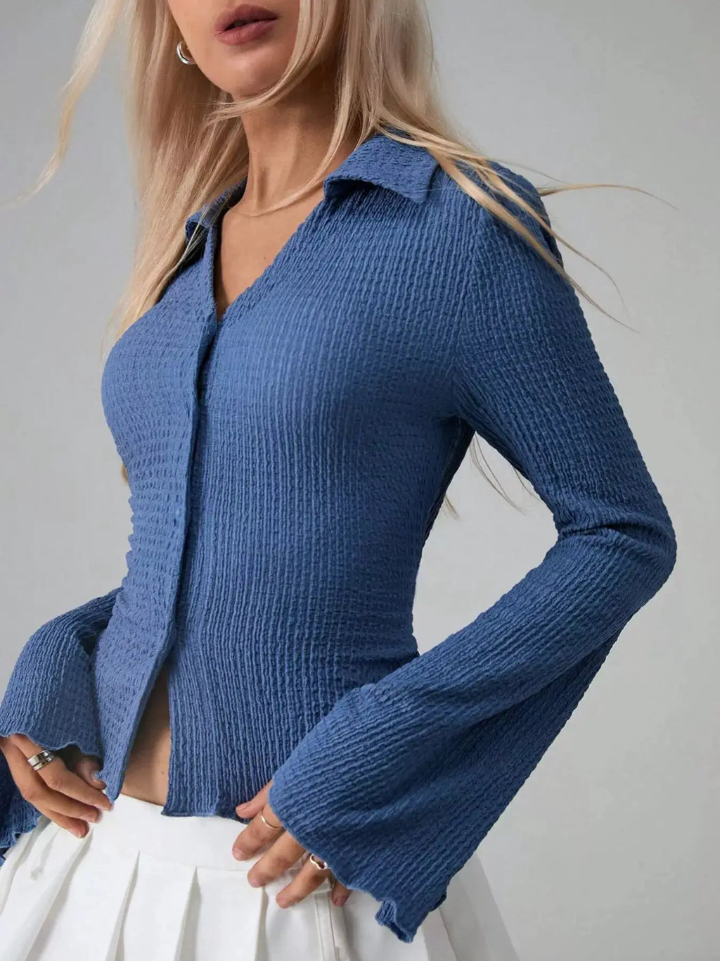 Button Up Flare Sleeve Shirt in blue ribbed knit with front buttons and ruched detailing