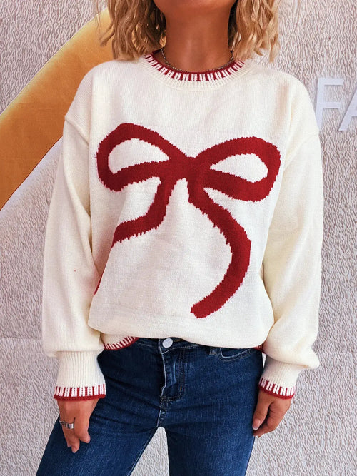 Bow Pattern Round Neck Sweater in cream with a large red bow graphic, long-sleeve knit