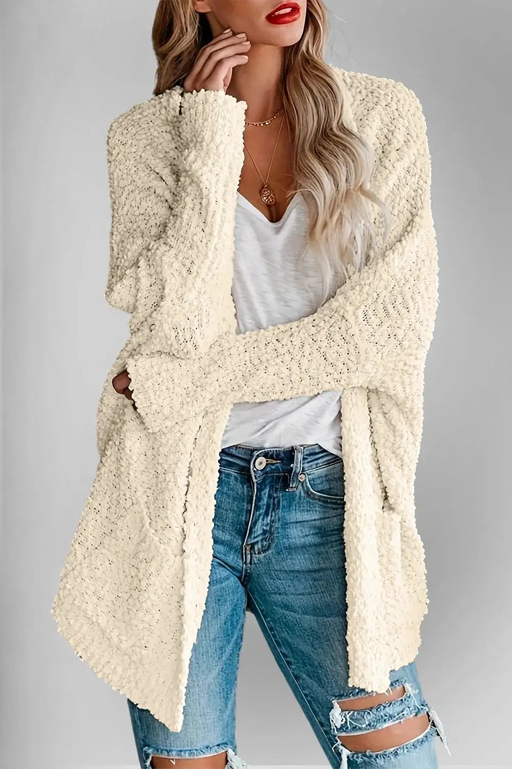 Double Take Pocketed Open Front Long Sleeve Cardigan, cream sherpa knit with pockets