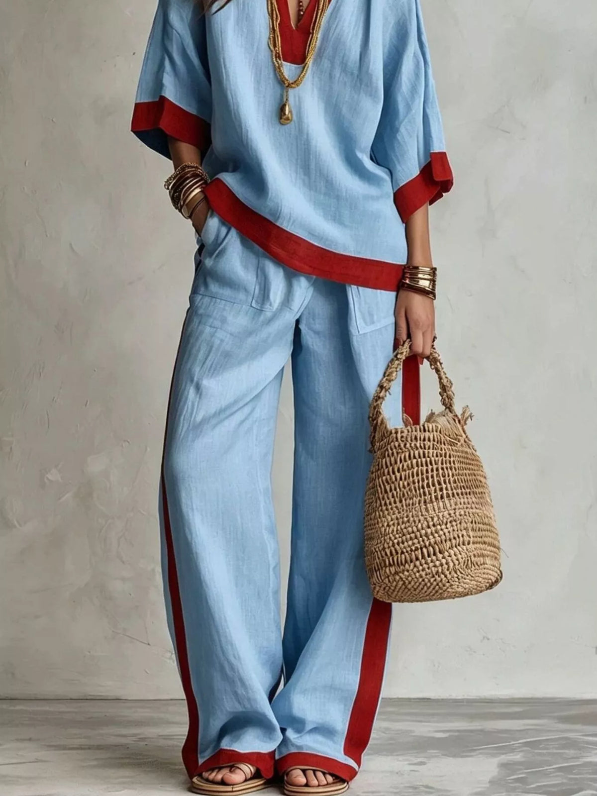 Contrast-Trim Top and Wide-Leg Pants Set