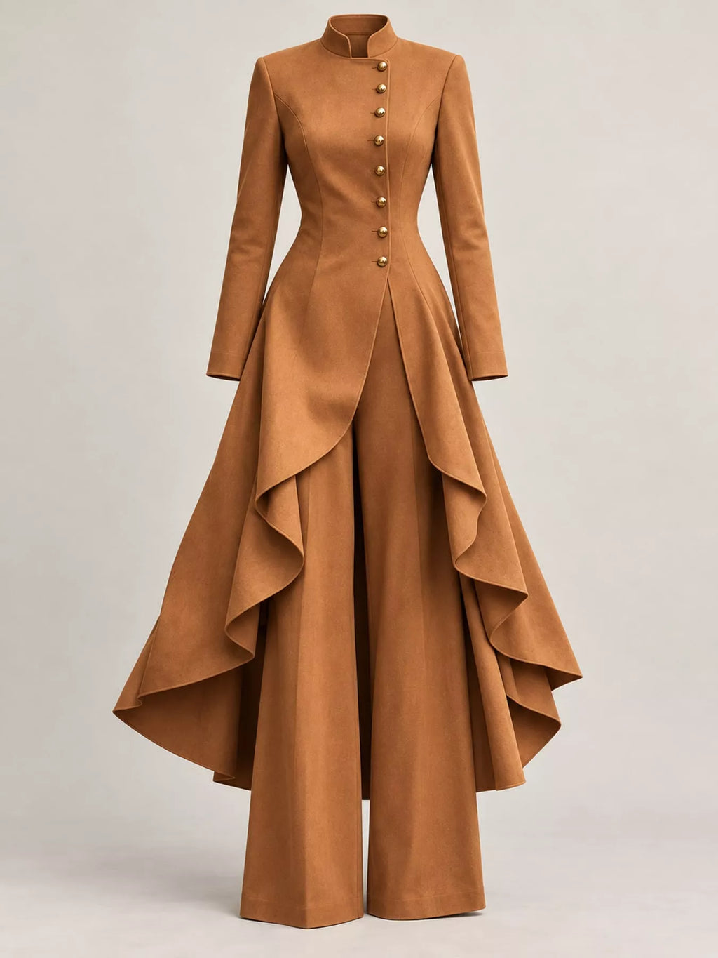 Ruffled High-Low Button Tunic & Wide-Leg Pants Set in Caramel by Belle Bijouix – view 29 of 82