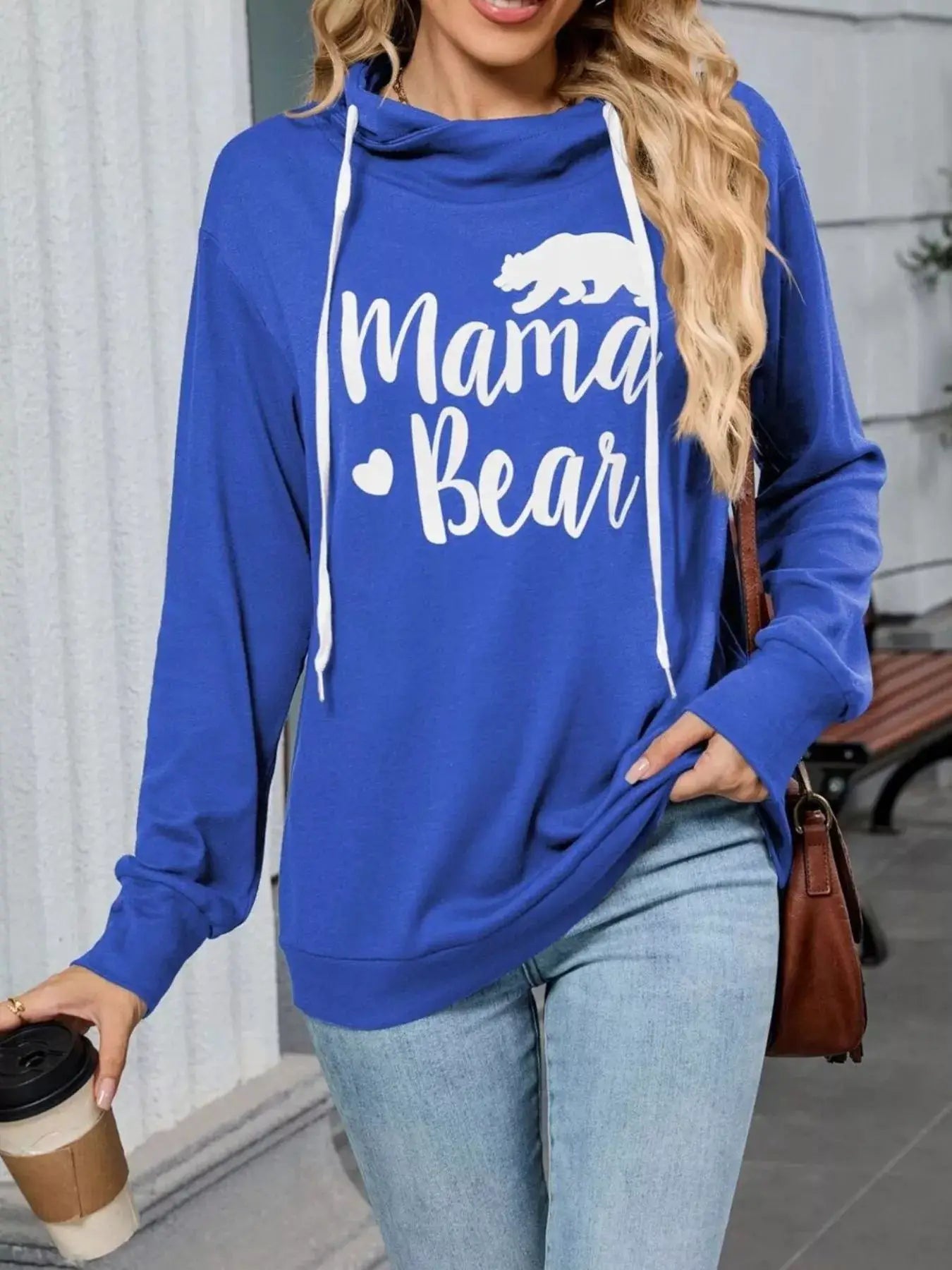Letter Drawstring Long Sleeve Hoodie in blue with white drawstrings and Mama Bear print.