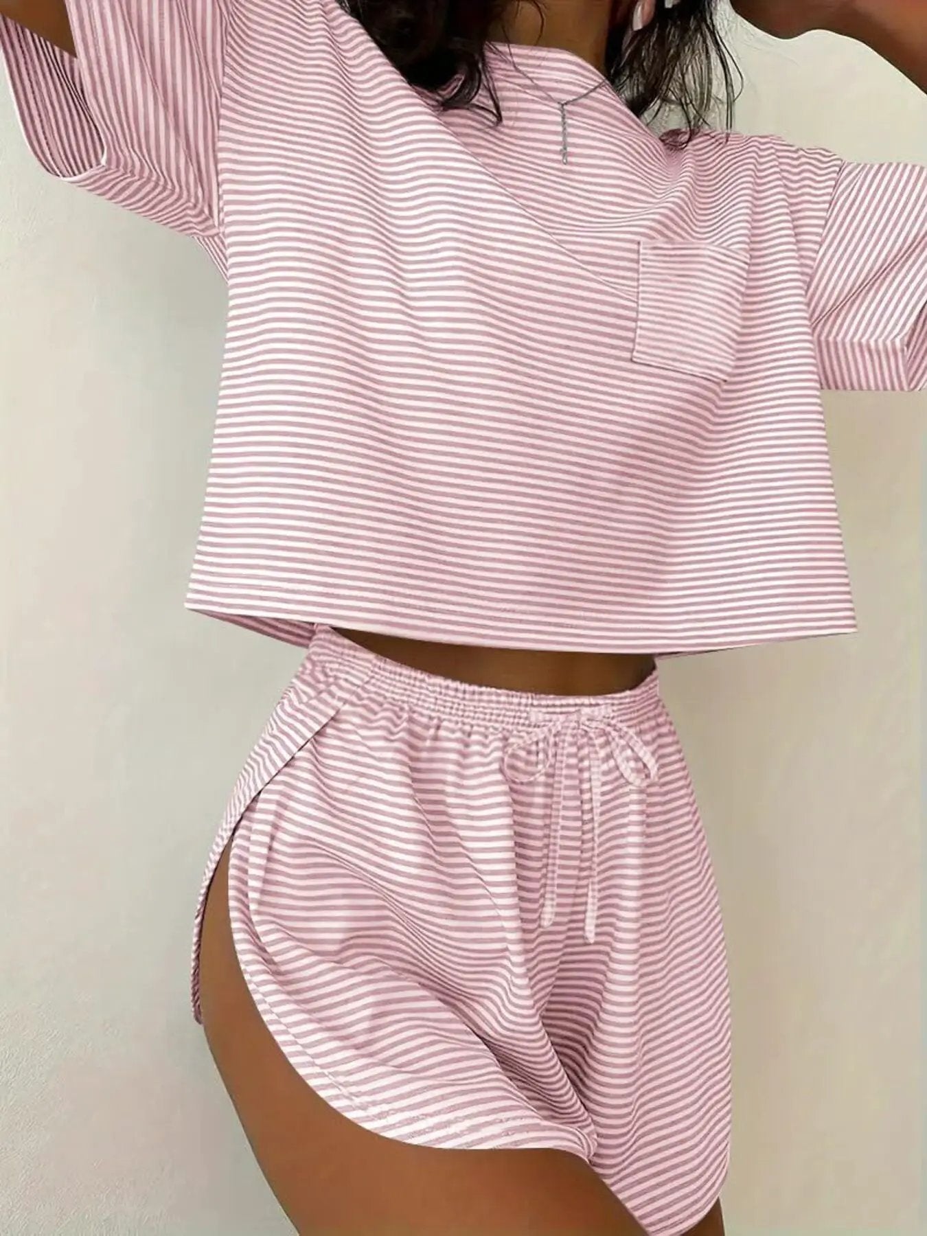 Pink and white striped round-neck tee and matching shorts set, cropped top with drawstring shorts