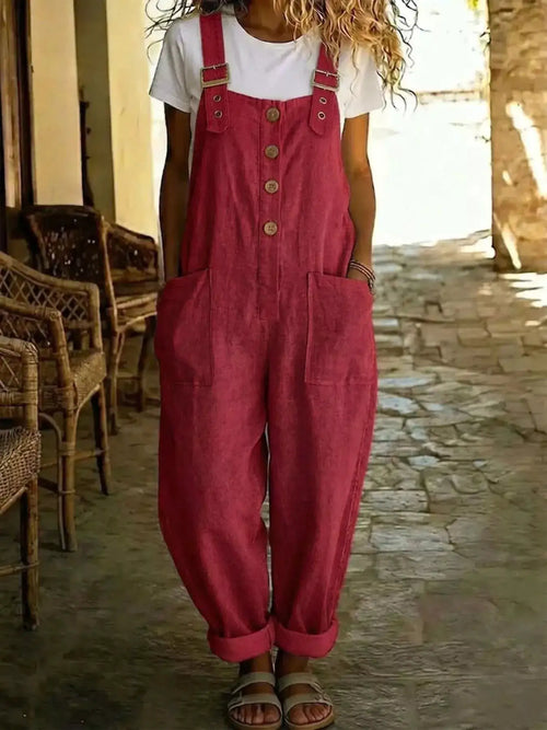 Casual button-front wide-leg overalls in pink corduroy with front pockets