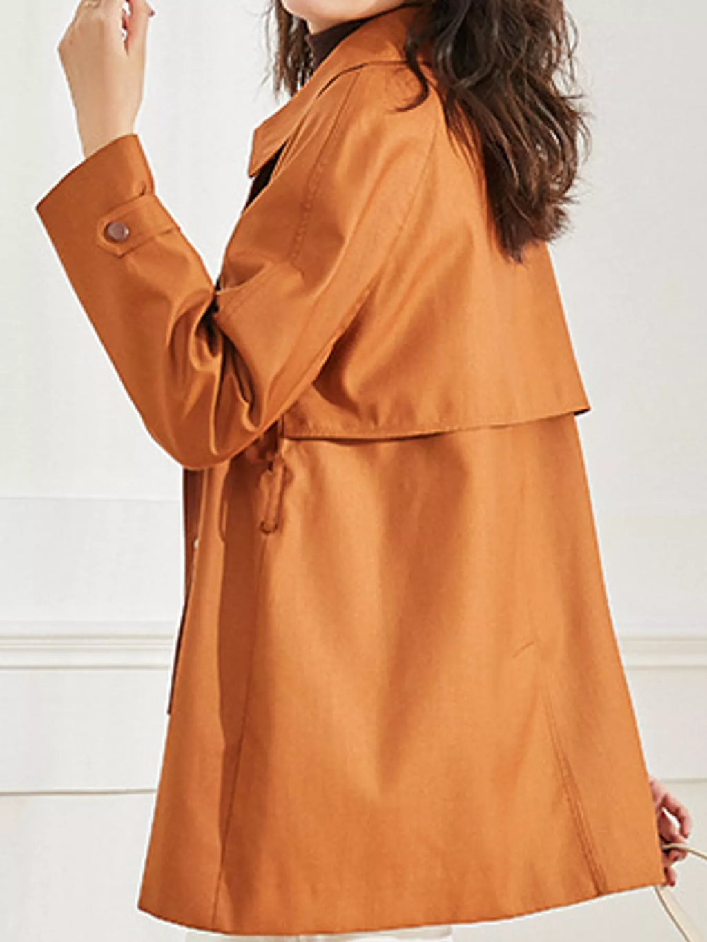 Double-Breasted Tie-Waist Short Trench Coat in Caramel by Belle Bijouix – view 7 of 20