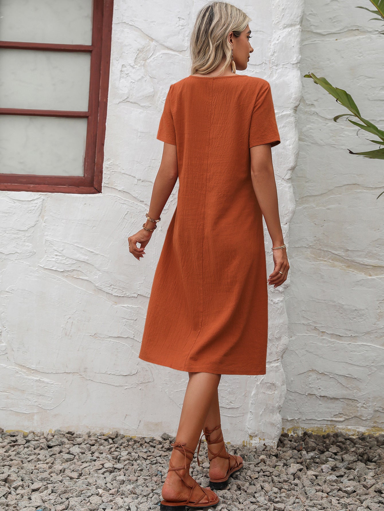 Ivy Lane Round Neck Short Sleeve Dress with Pockets in rust orange