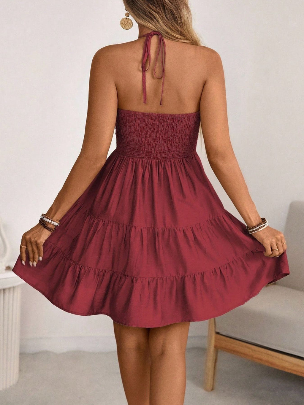 Smocked halter neck tiered dress in burgundy by Bellebijouix, wedding party style.