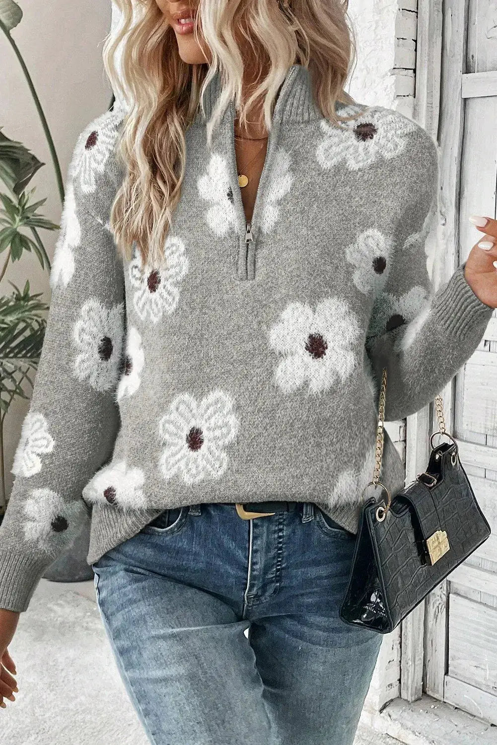 Flower Half Zip Long Sleeve Sweater in gray heather with white floral pattern