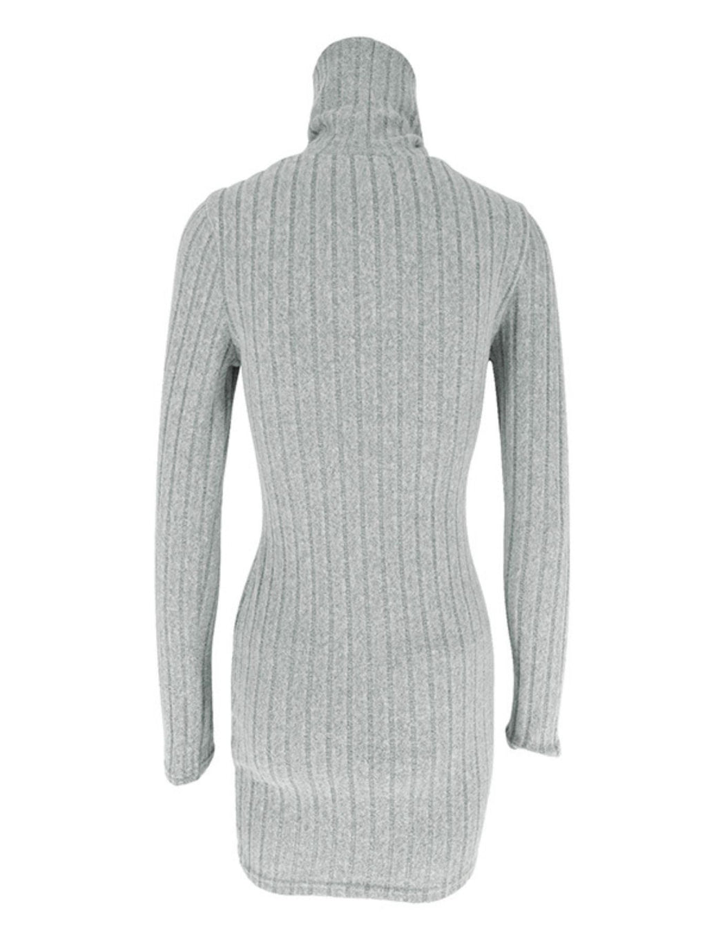 Turtleneck ribbed bodycon mini dress by Trendsi, gray knit, back view