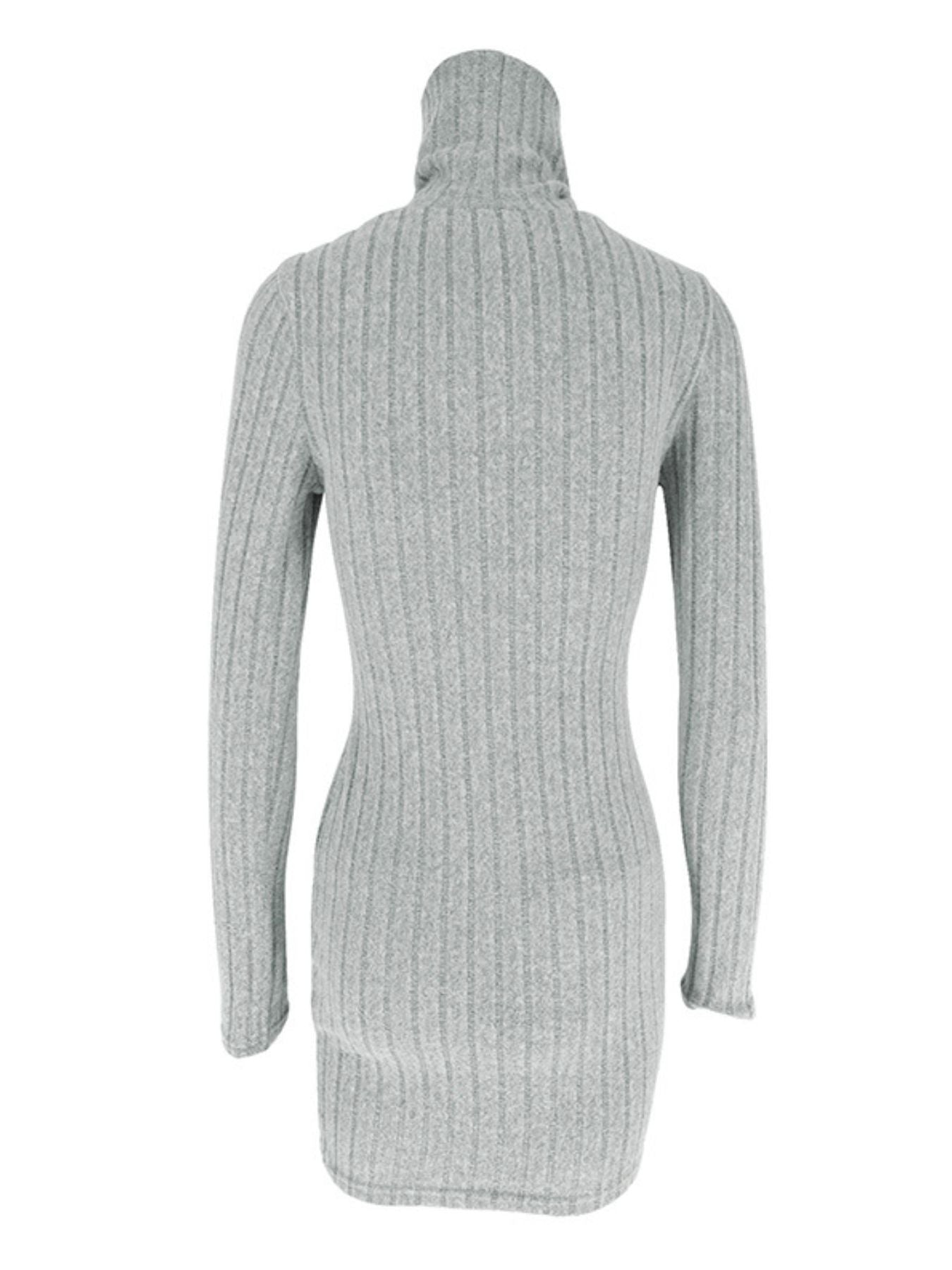 Turtleneck ribbed bodycon mini dress by Trendsi, gray knit, back view