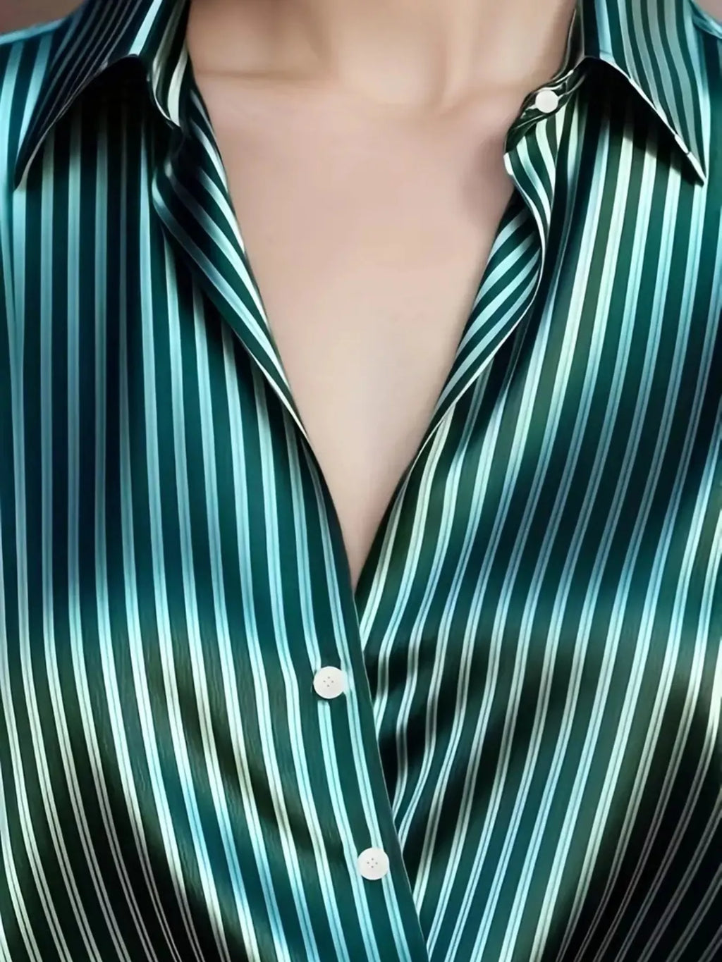 Belle Bijouix striped long-sleeve shirt, teal and white vertical stripes with front buttons.