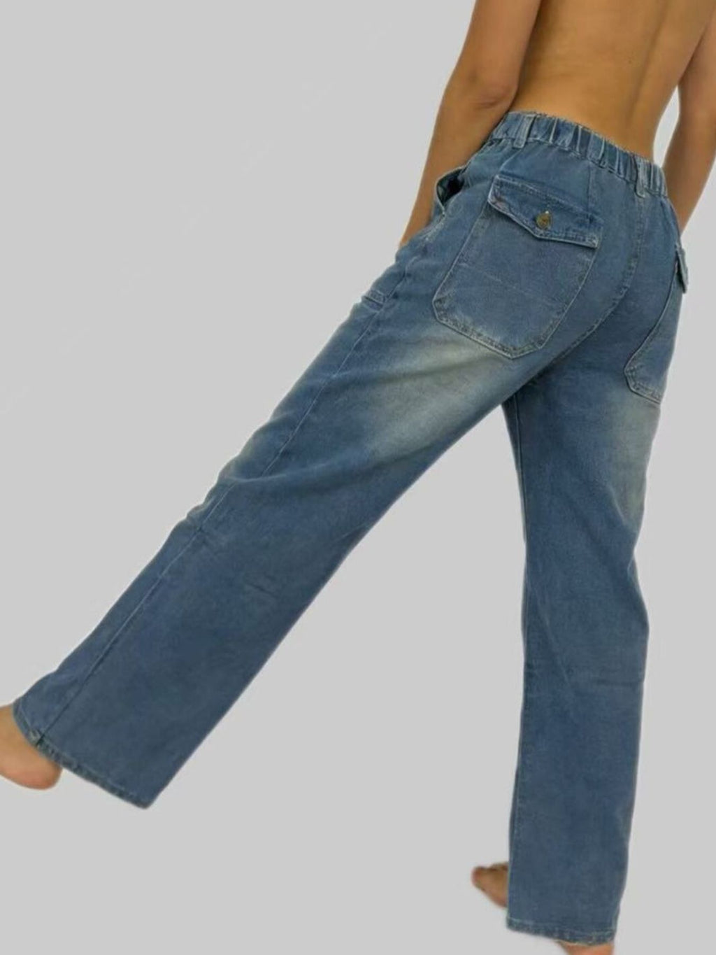 Wide Leg Contrast Stitching Jeans by Belle Bijouix in blue denim with back pocket