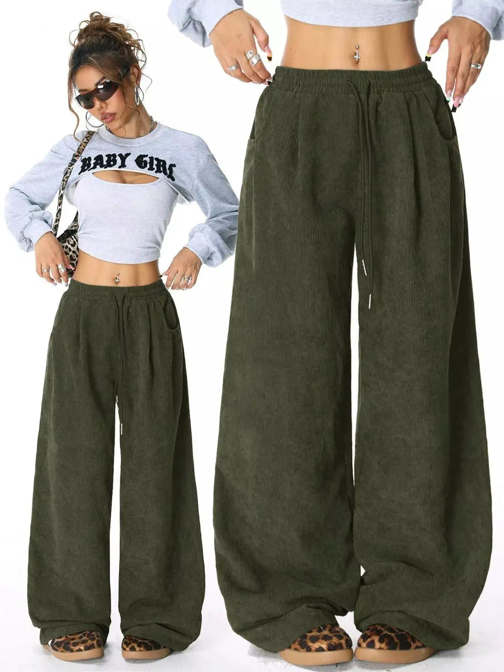 Casual Corduroy Wide-Leg Pants in olive green with a drawstring and pockets