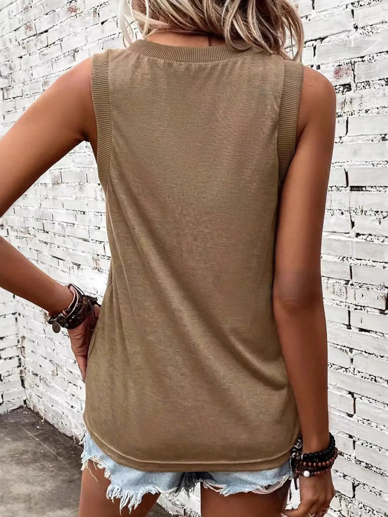 V-Neck Tank top in tan khaki, sleeveless basic style, back view