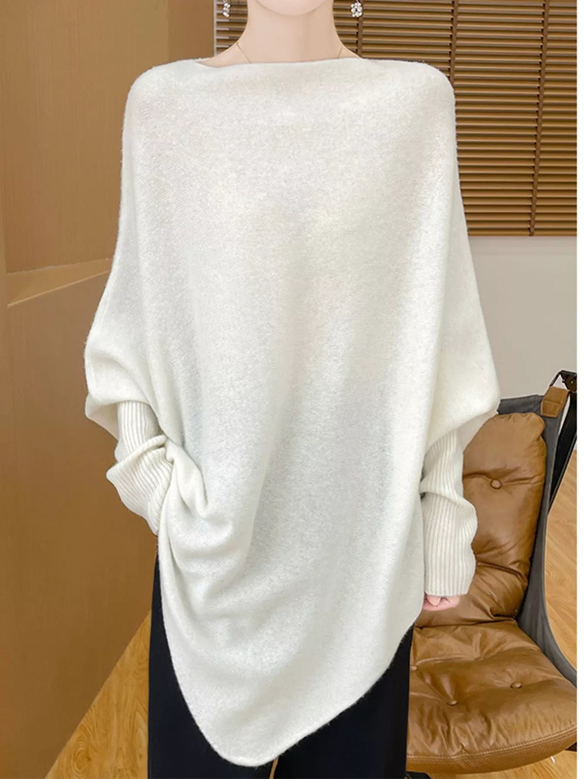 Oversized Asymmetric Wool Batwing Sweater in White by Belle Bijouix – view 4 of 24
