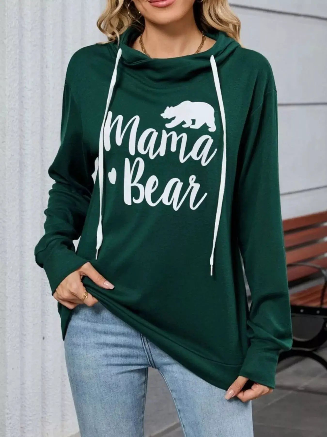 Letter Drawstring Long Sleeve Hoodie in green with white drawstrings and Mama Bear graphic