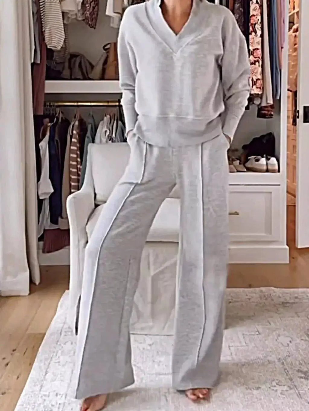 Full-size cozy v-neck top and pants set by Belle Bijouix in light gray fleece with pockets