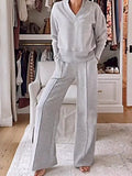 Full-size cozy v-neck top and pants set by Belle Bijouix in light gray fleece with pockets