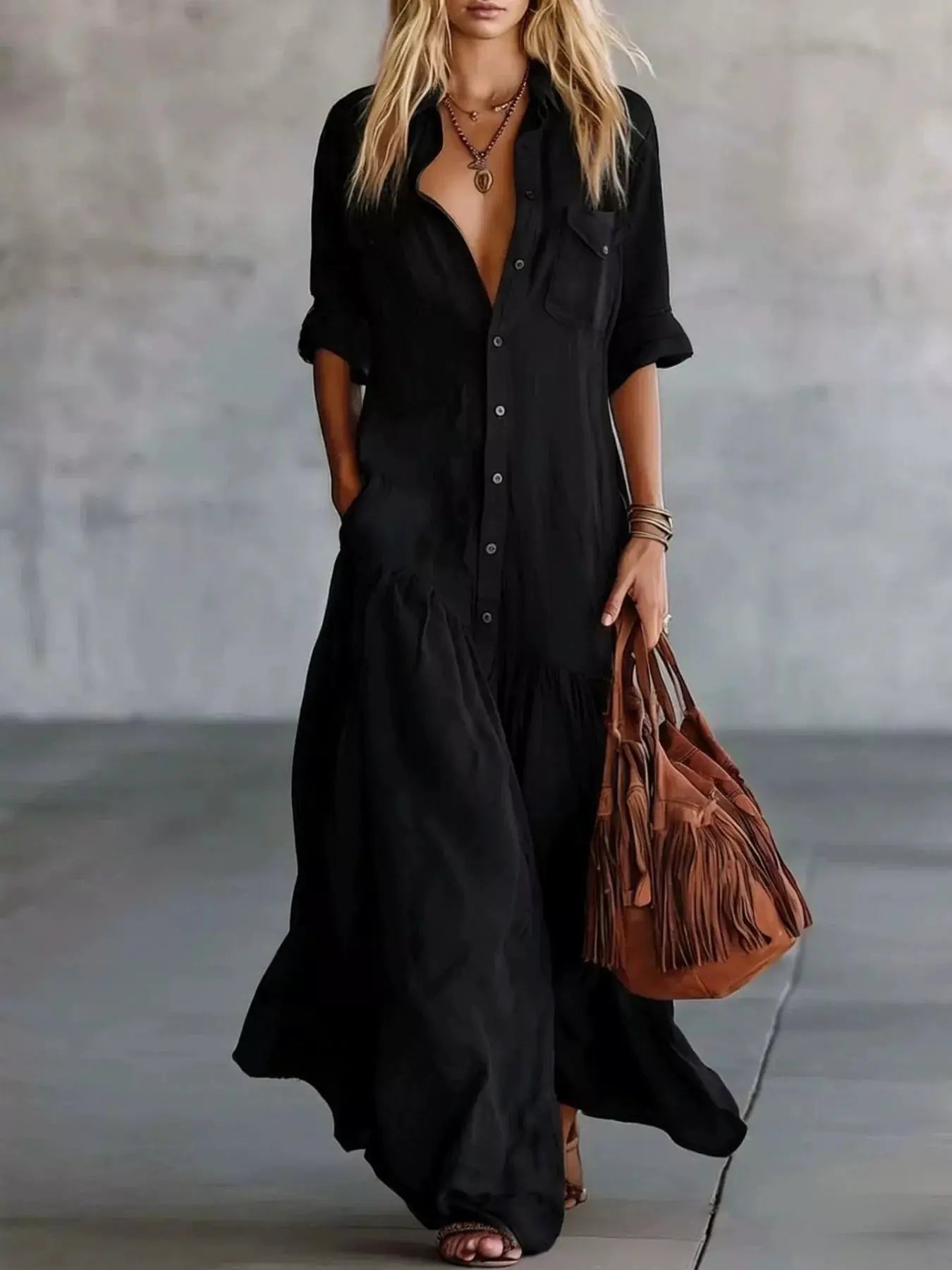 Plus Size Maxi Dress Belle Bijouix, black button-front dress with roll-up sleeves and pockets