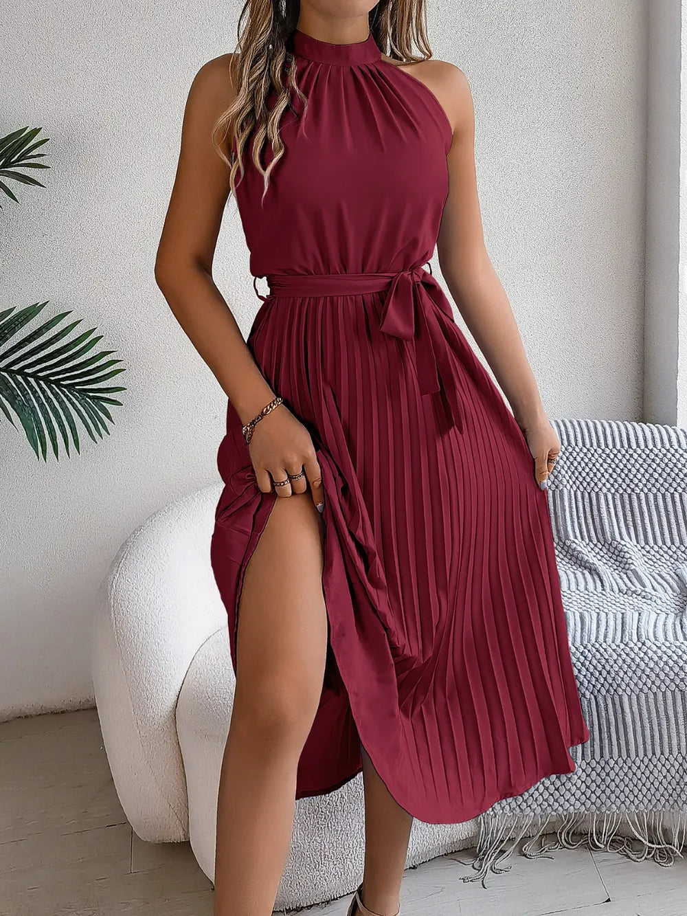 Pleated Tie Waist Sleeveless Midi Dress in burgundy with belt and side slit