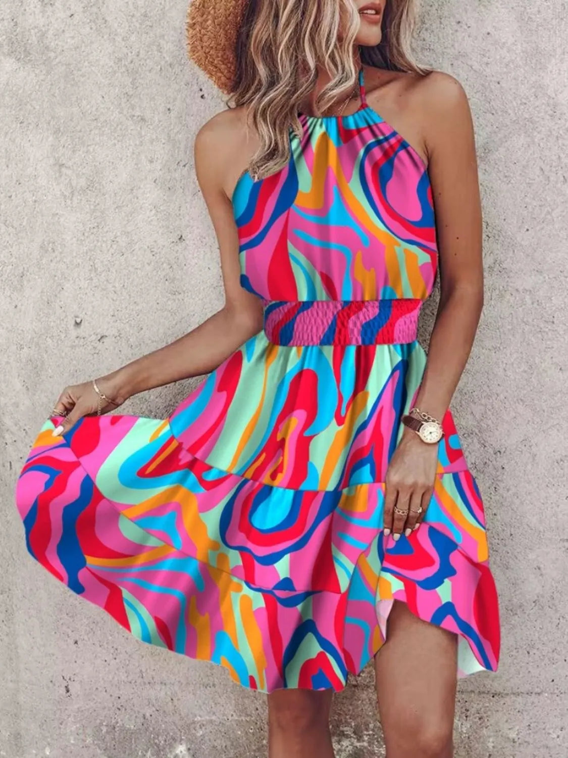 Paisley print halter-neck mini dress by Belle Bijouix in bright multicolor with smocked waist
