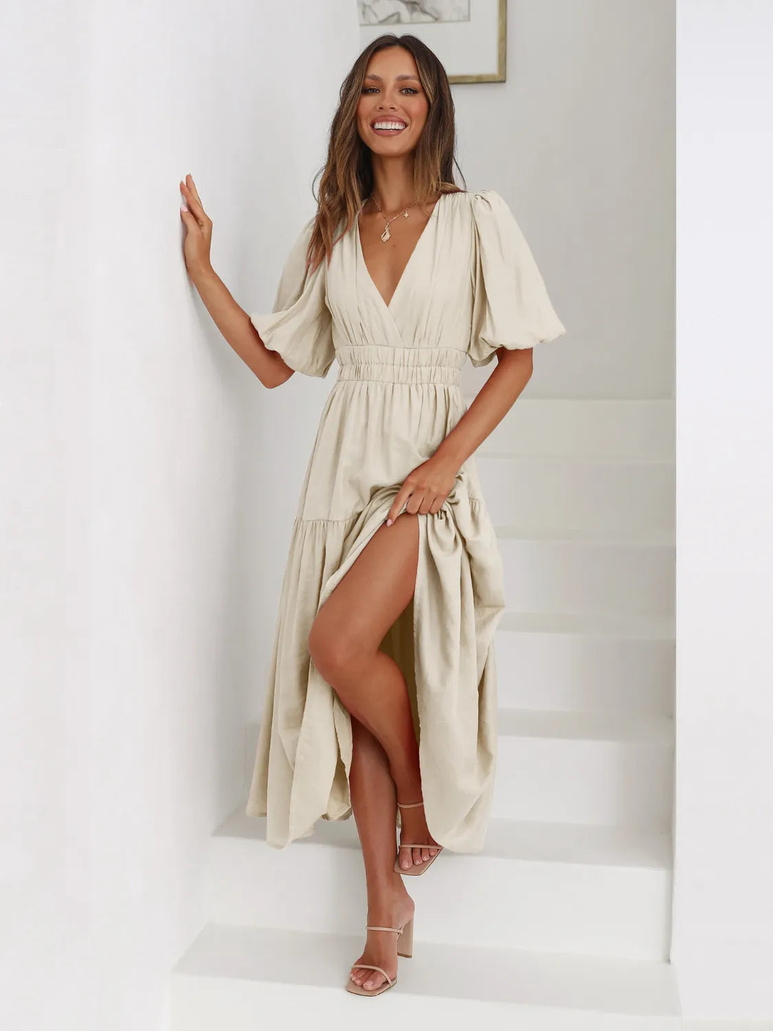 Tiered Surplice Half Sleeve Midi Dress by Belle Bijouix in beige with elastic waist.