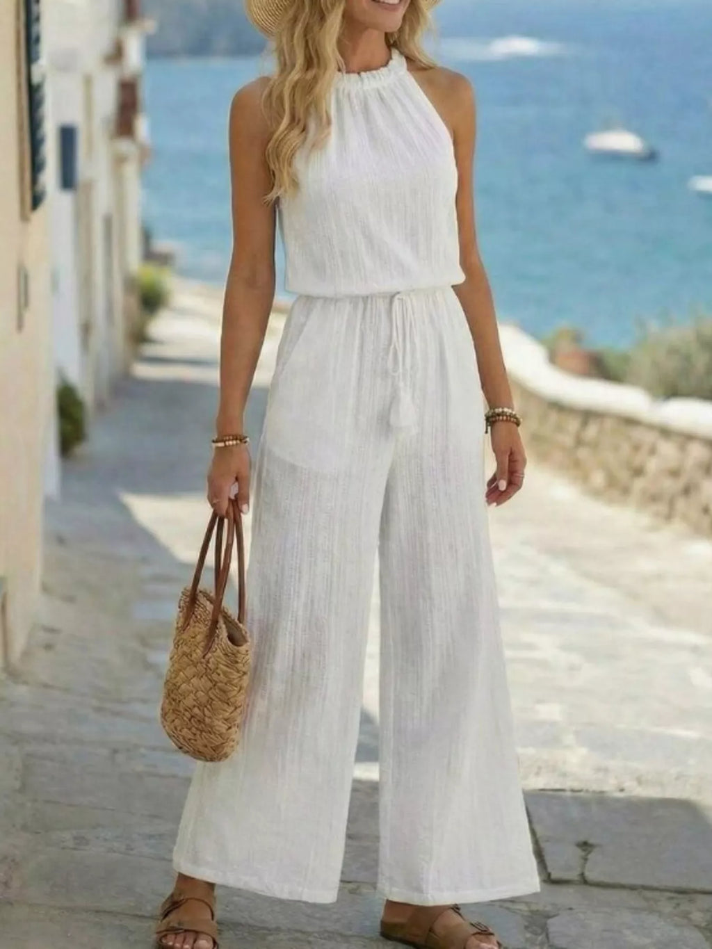 Full Size Tassel Sleeveless Wide-Leg Jumpsuit, white linen-look fabric, plus size