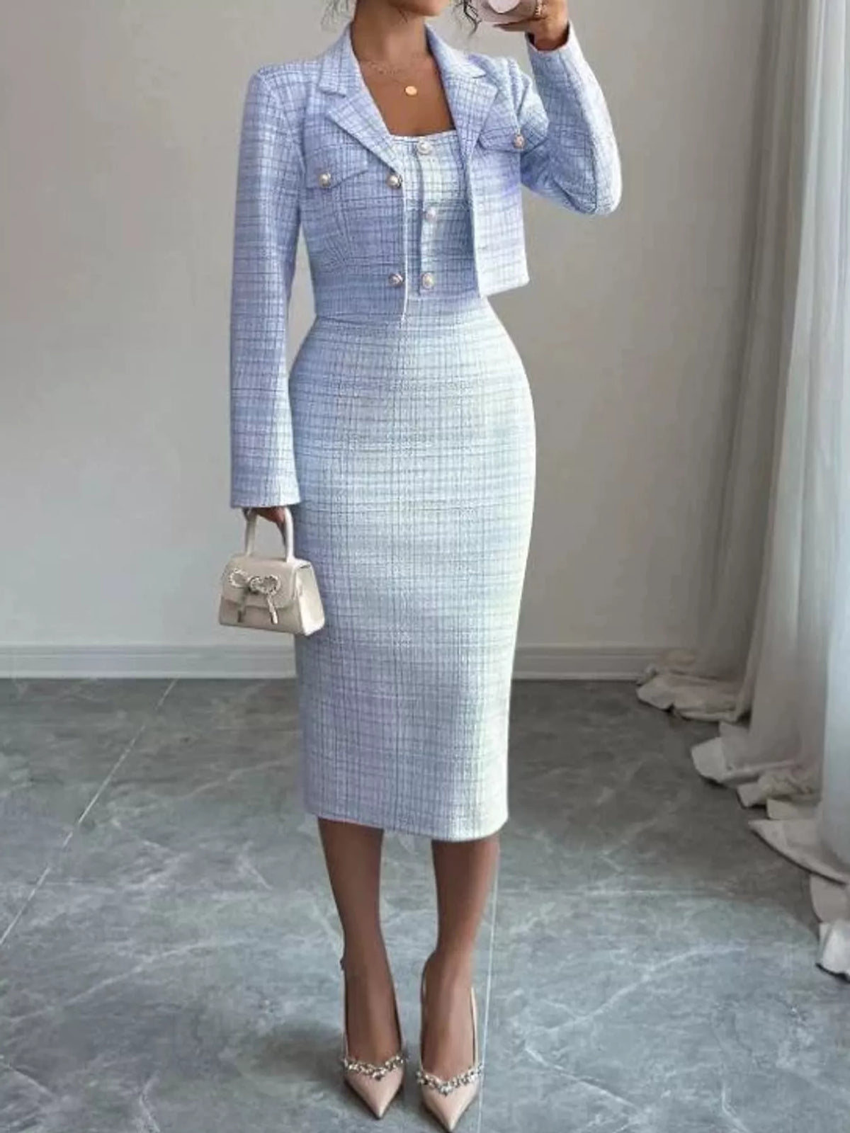 Tweed Square Neck Dress and Cardigan Set in Light Blue by Belle Bijouix – view 9 of 14