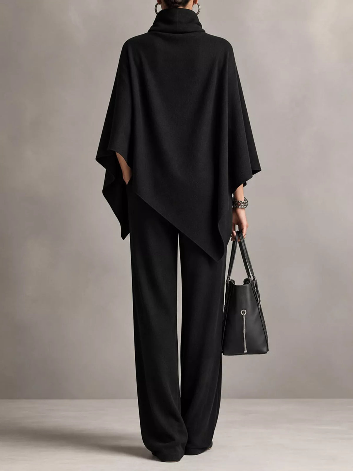 Turtleneck Poncho & Wide-Leg Pants Set in Black by Belle Bijouix – view 16 of 24