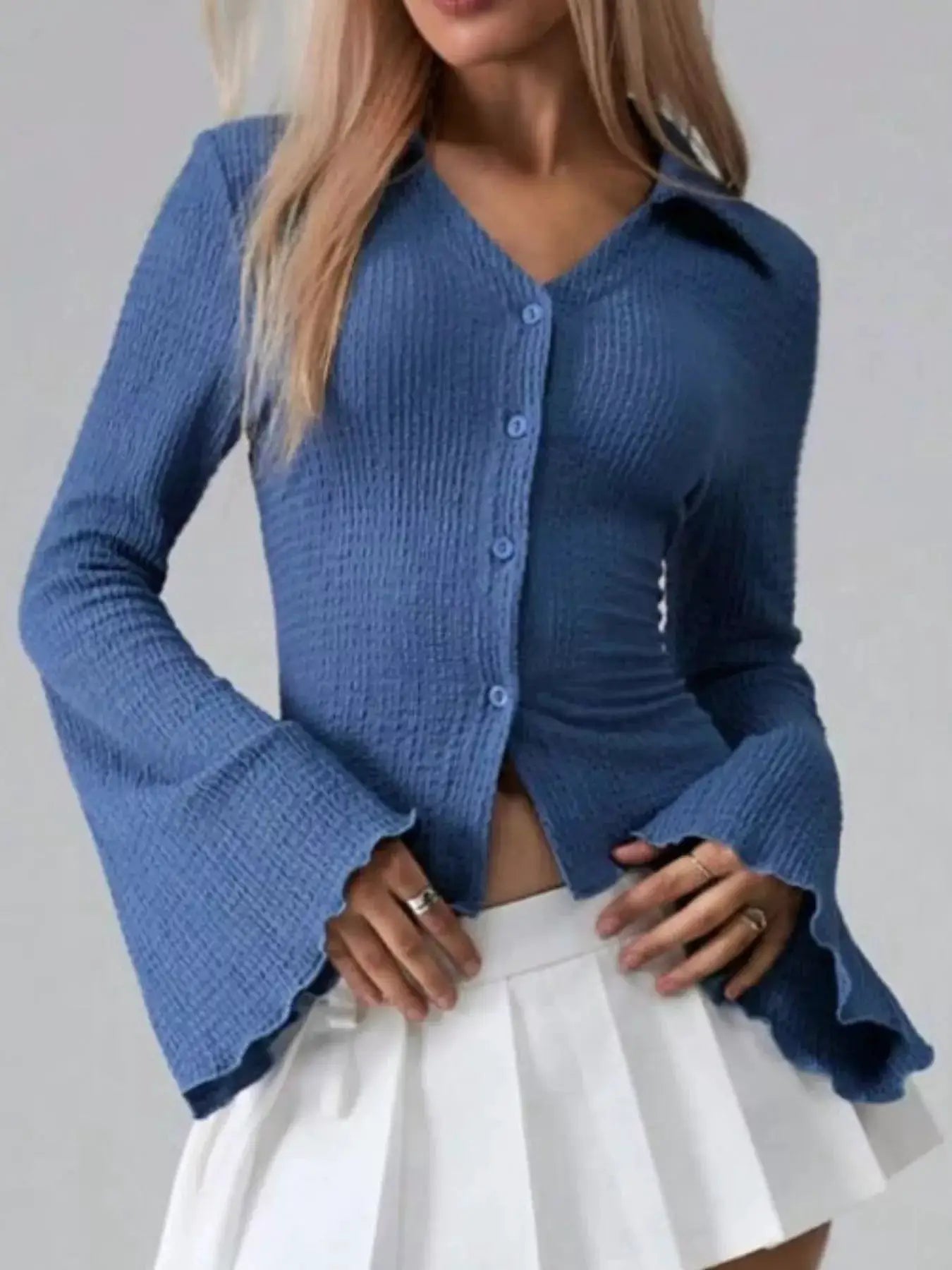 Button Up Flare Sleeve Shirt by Trendsi; blue knit top with button closure and flared sleeves.