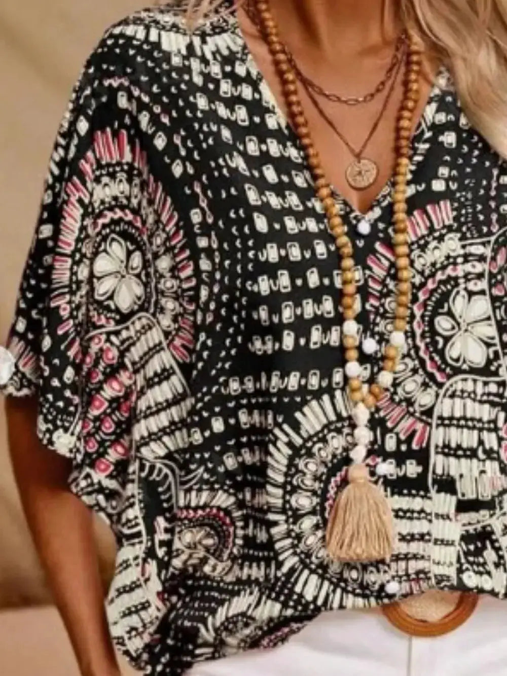 Printed V-Neck Half Sleeve Top in black/white with pink accents; sheer boho pattern