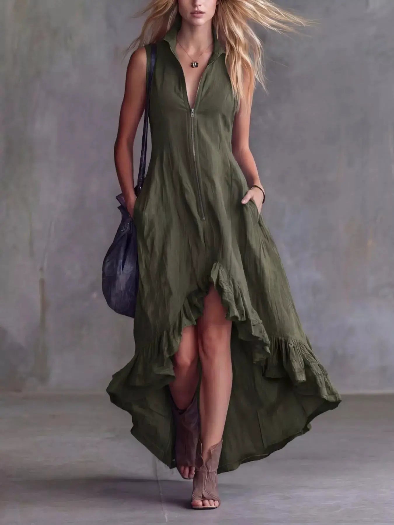 Plus Size High-Low Ruffled Zip Front Dress in olive green polyester, Belle Bijouix.