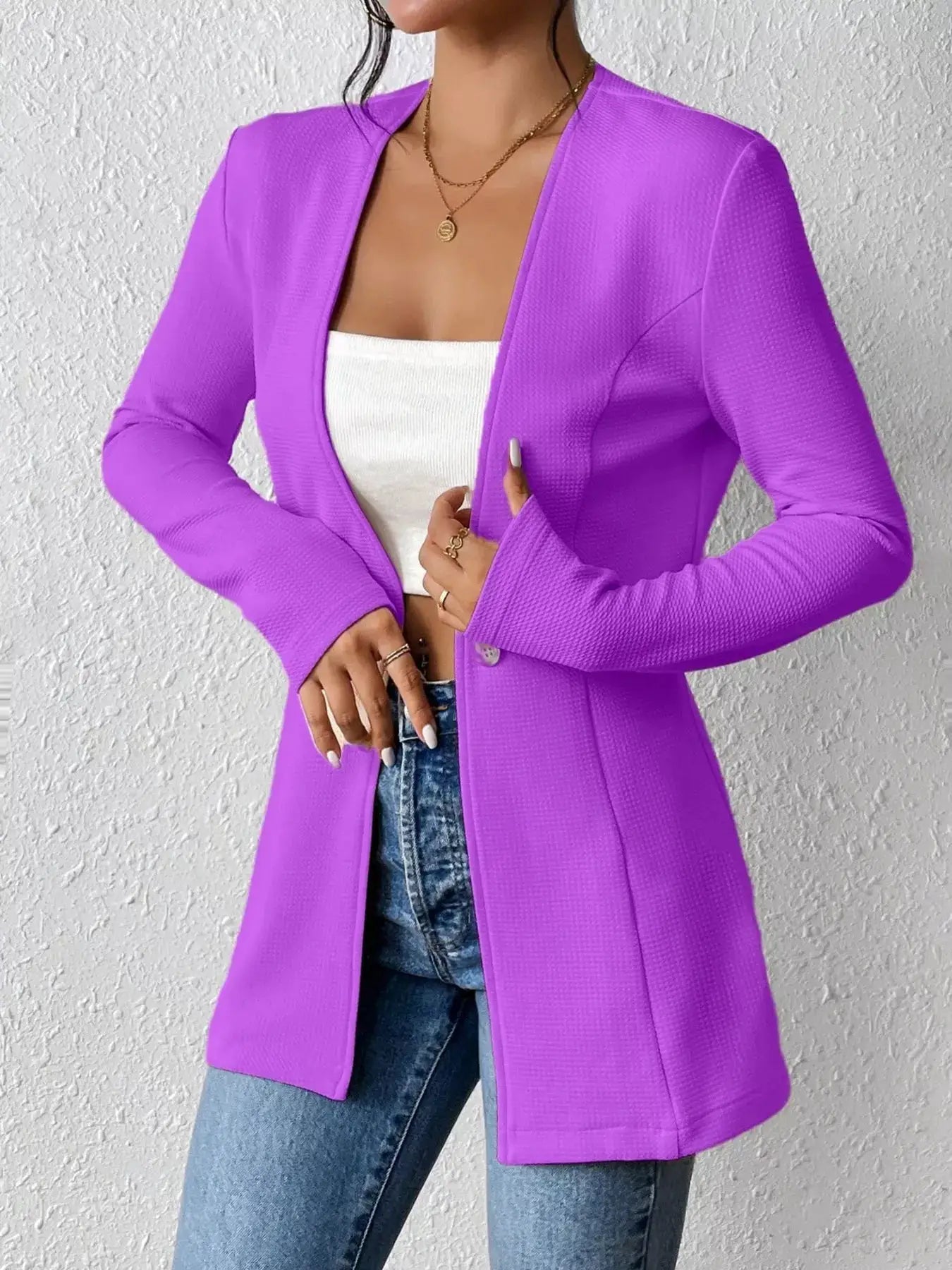 Single-Button Long Sleeve Blazer in vibrant purple, worn open over a white top with blue jeans