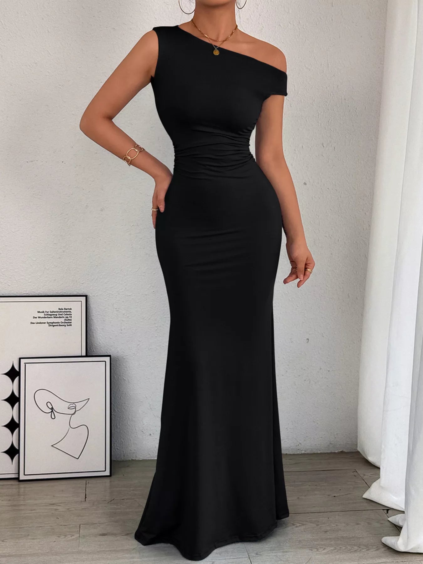 One-Shoulder Ruched Bodycon Maxi Dress by Belle Bijouix, black with slit
