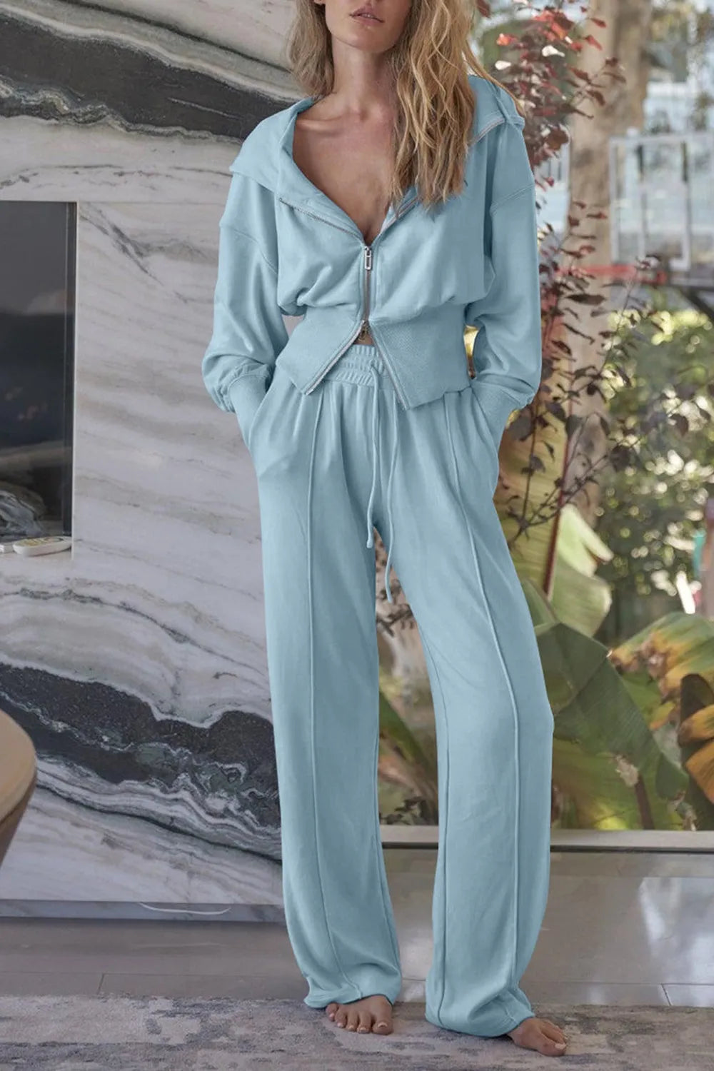 Zip-Up Hoodie and Pants Active Set in light blue by Bellebijouix; zip front jacket with drawstring waist.
