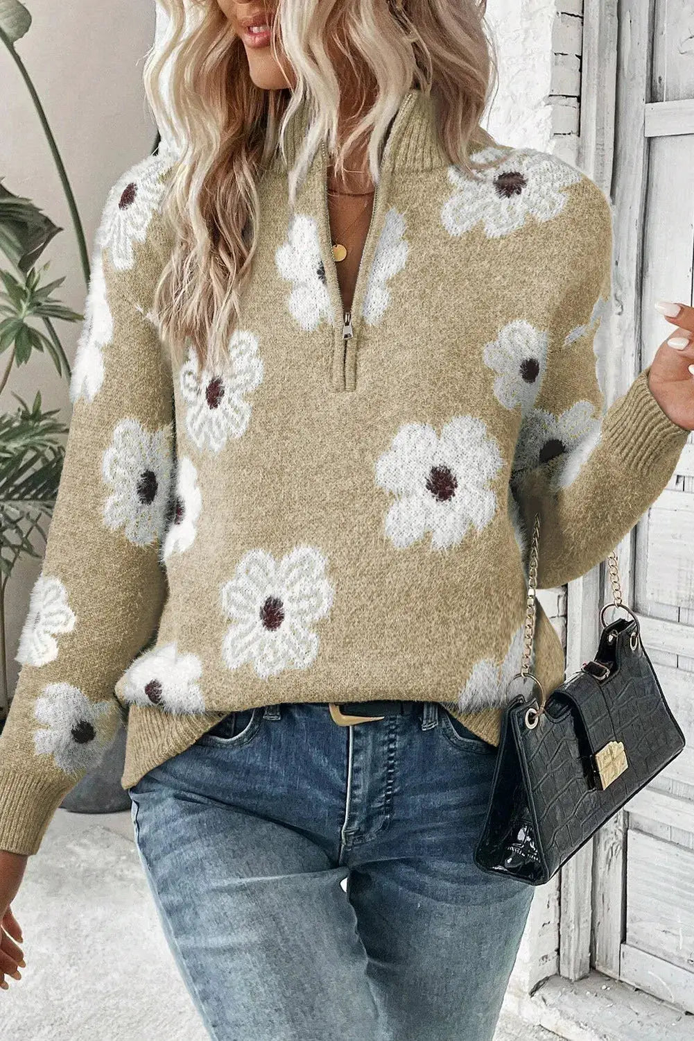 Flower Half Zip Long Sleeve Sweater by Belle Bijouix in beige with white daisy print.
