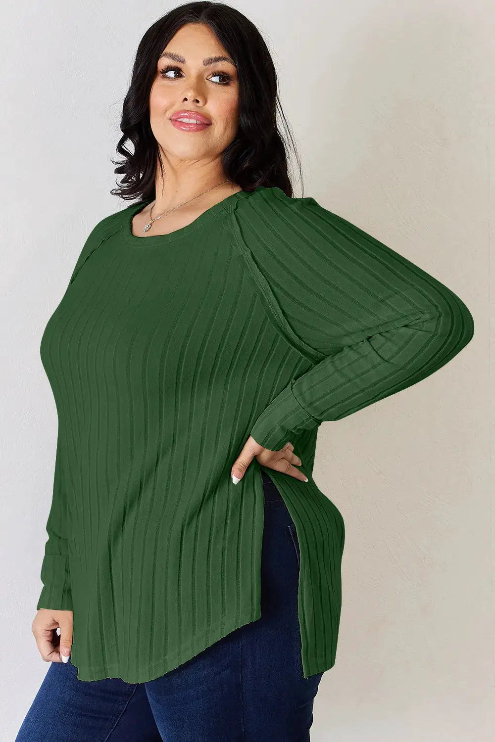 Basic Bae Full Size Ribbed Round Neck Slit T-Shirt, green, long-sleeve top by Belle Bijouix