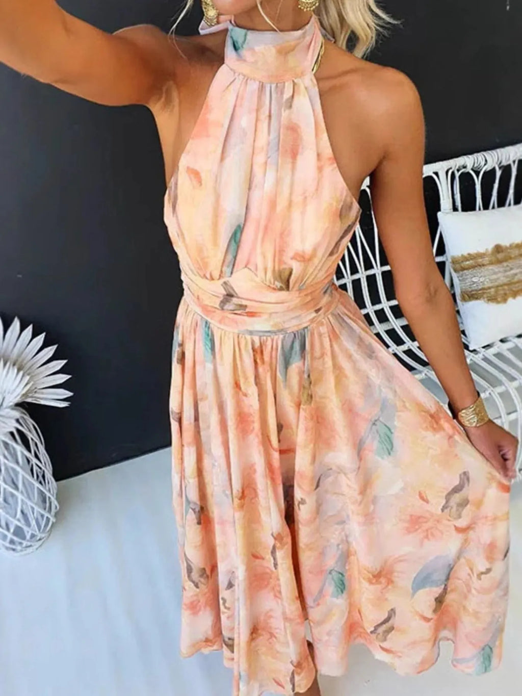 Floral halter-neck backless summer dress, peach/pink watercolor print, Trendsi