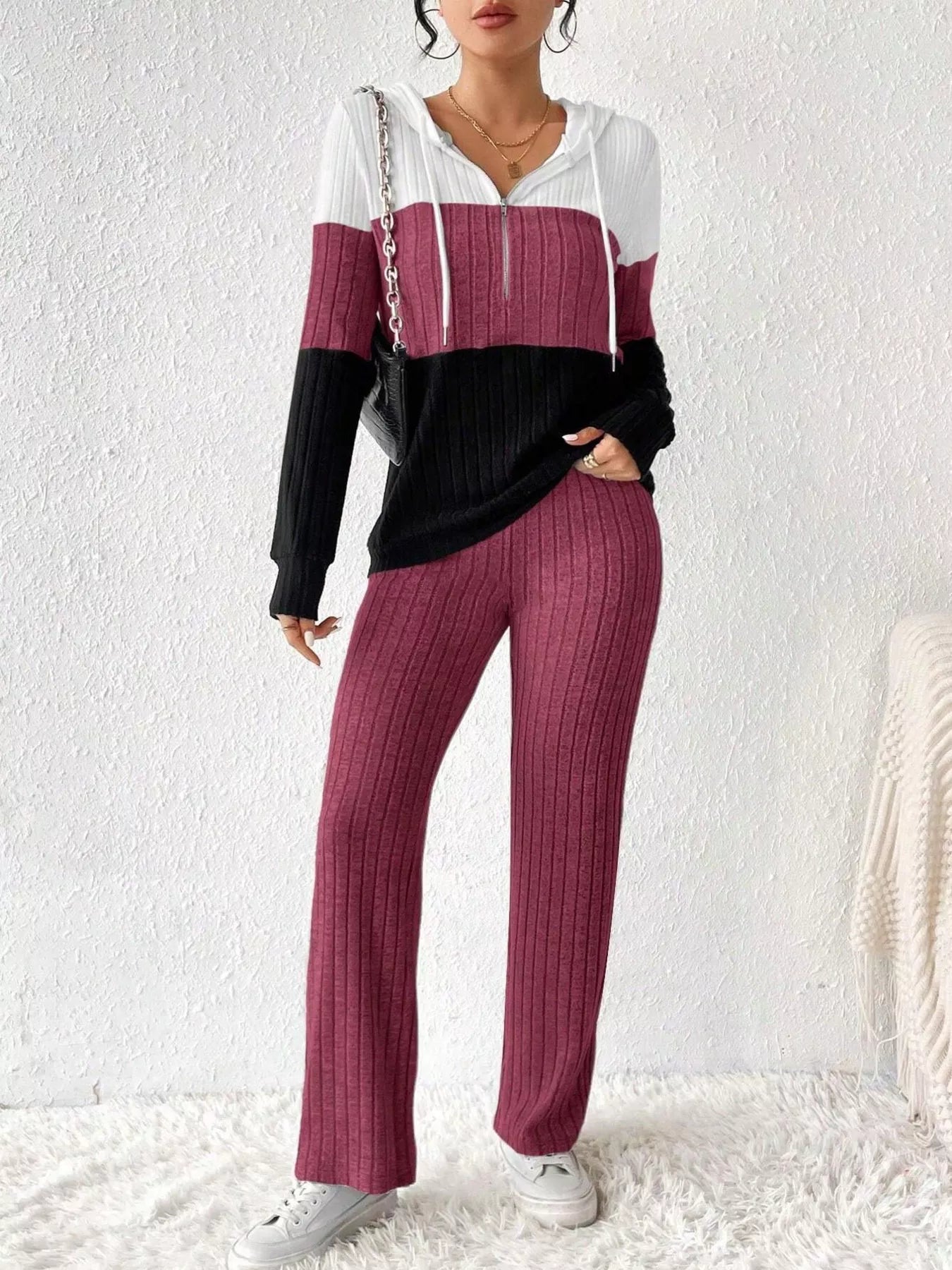 Belle Bijouix Color Block Half Zip Hooded Top and Pants Set; rib-knit loungewear in white, maroon, and black