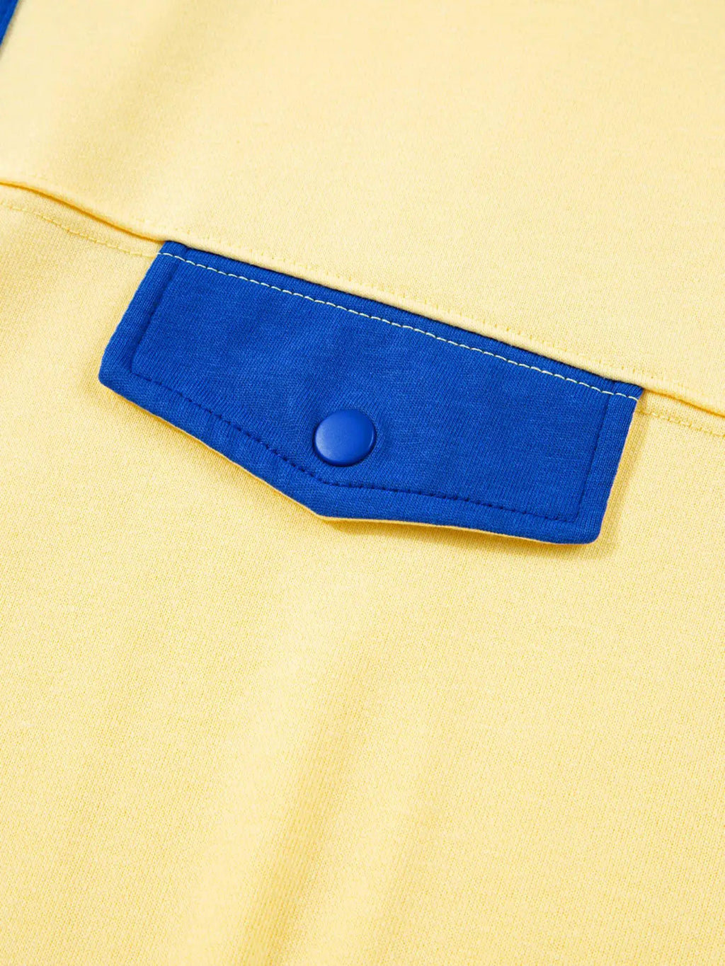 Color Block Patchwork Half Button Top and Shorts 2pcs Set, yellow fabric with blue pocket flap